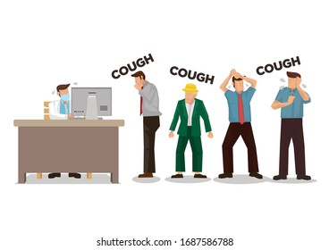 Doctor afraid of a group of patients who is coughing. Concept of Coronavirus outbreak or pandemic. Vector illustration.