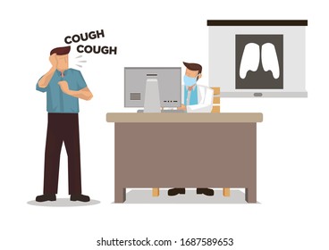 Doctor afraid of a patient who is coughing. Concept of Coronavirus outbreak or pandemic. Vector illustration.