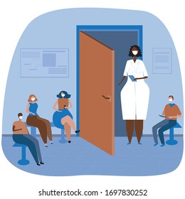 A doctor or African American therapist comes out of a large door and small patients are waiting outside. Stock vector flat illustration with hospital and people in medical masks as a therapy concept.