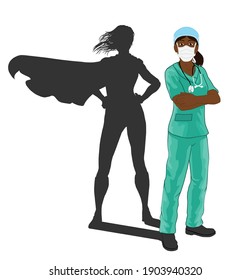 a doctor in the age of the corona virus with the shadow of a super hero isolated on a white background