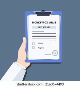 Doctor agent or medical officer hand holding clipboard with Monkeypox virus test results. Vector illustration. Monkeypox virus zoonotic viral disease 