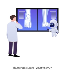 Médico com robô AI Chatbot trabalhando no diagnóstico médico. Anatomia da perna display de raios-X pesquisando com máquina de inteligência artificial. Assistência médica digital. Ilustração plana de vetor isolada