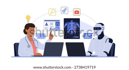 Doctor and AI robot sitting at the office desk and working together, they are checking medical data, AI in healthcare concept