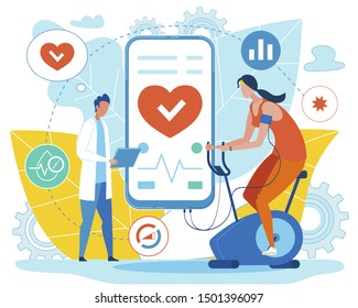 Doctor Analysing Indicators when Girl Exercising on Bicycle inside House Wearing Sports Clothes to Burn Calories Vector Illustration. Mobile Phone with Health Care Application Connected to Simulator.