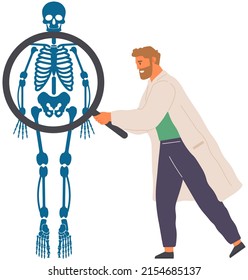 Doctor analyzes results of medical checkup. Male scientist looking at x-ray of human body. Treatment, health care, diagnosis. Specialist diagnoses patient by roentgen. Orthopedist examining skeleton