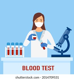 Doctor analyzing blood samples using microscope in flat design. Blood test concept.