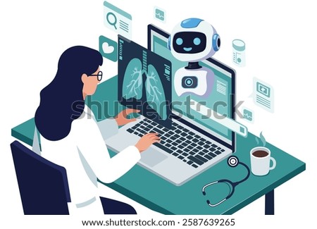 A doctor analyzing lung X-ray images on a laptop with an AI assistant providing insights in a futuristic digital healthcare setting