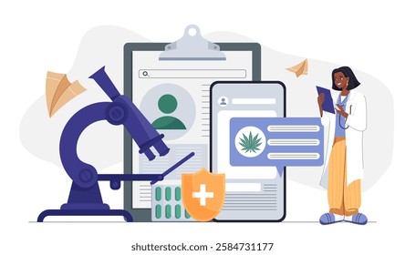 Doctor analyzing medical cannabis research with microscope, clipboard, and digital records on abstract background. Healthcare and science concept