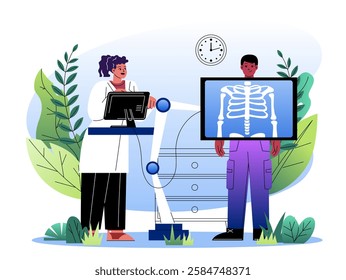 Doctor analyzing patient s X-ray using a digital screen in a medical setting with plants and a clock in the background. Healthcare concept