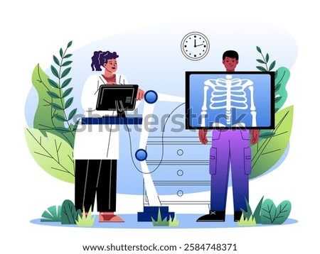 Doctor analyzing patient s X-ray using a digital screen in a medical setting with plants and a clock in the background. Healthcare concept