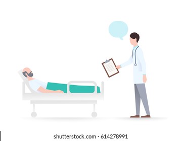 Doctor With A Anamnesis And A Patient In A Hospital Bed. The Process Of Medical Treatment And Inpatient Rehabilitation. Healthcare And Medical Insurance Concept. Vector Flat Illustration