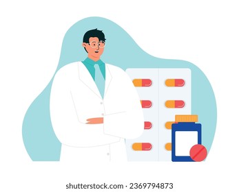 Doctor and, vitamins, supplements, tablets, capsules, on green color background, medicine vector illustration.