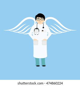  Doctor angel  flat style. Medical hospital, stethoscope and health. On blue background.