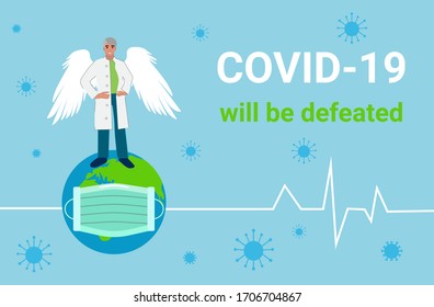 a doctor with angel wings is standing on planet earth in mask with a frequent heartbeat. and the text that coronavirus 2019 will be defeated.
on the background fly the virus molecules