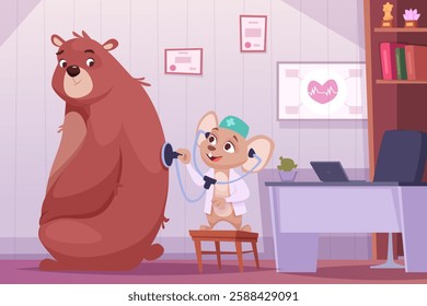 Doctor animal. little cartoon mouse consult and heals big wild bear