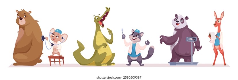 Doctor animals. Funny zoo characters medical doctors talking with patients exact vector animals pediatricians