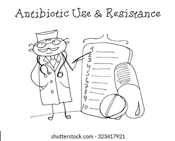 Doctor. Antibiotic use. Kids Health. Graphics sketch in vector.