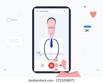 Ein Arzt erscheint auf einem digitalen Bildschirm und berät einen Patienten. Gesundheitsdaten wie BPM werden in der App angezeigt. Diese Szene spielt in einem modernen Ambiente mit gesundheitsorientierten Designs.