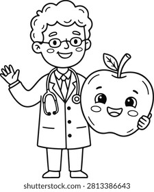  Doctor with apple character waving hello healthcare illustration isolated on white background