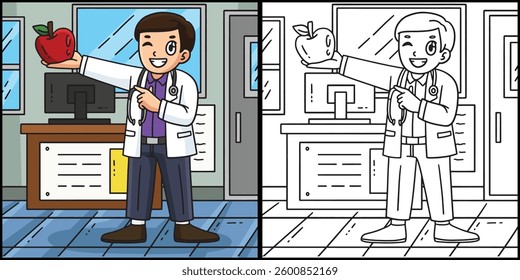 Doctor with an Apple Coloring Page Illustration 