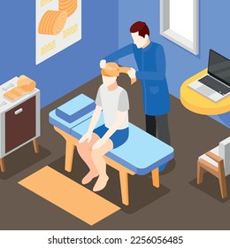 Doctor applying elastic bandage to head of male patient 3d isometric vector illustration