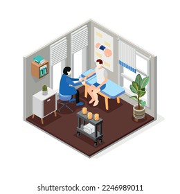 Doctor applying elastic bandage to injured wrist of male patient isometric composition 3d vector illustration