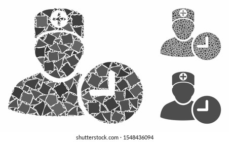 Doctor appointment clock composition of uneven elements in variable sizes and shades, based on doctor appointment clock icon. Vector uneven parts are organized into collage.