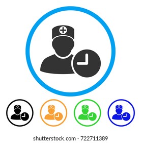 Doctor Appointment Clock rounded icon. Style is a flat doctor appointment clock grey symbol inside light blue circle with black, yellow, green, blue variants.