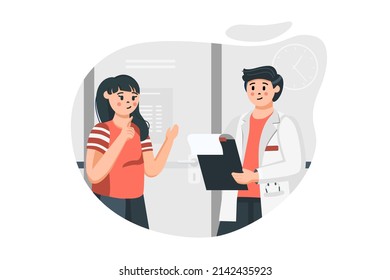 Doctor appointment concept in flat design. Woman patient consults with therapist. Doctor diagnoses and prescribes examinations and treatment at clinic. Vector illustration with people scene for web