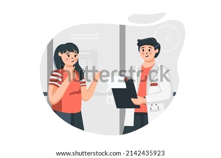 Doctor appointment concept in flat design. Woman patient consults with therapist. Doctor diagnoses and prescribes examinations and treatment at clinic. Vector illustration with people scene for web