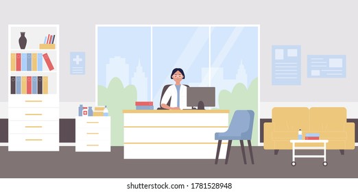 Doctor appointment flat vector illustration. Cartoon physician woman character sitting at doctoral medical workplace in modern hospital clinic office interior, doctor waiting for patients background