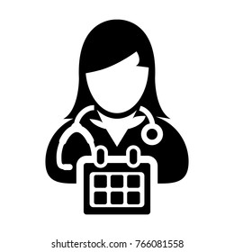 Doctor Appointment Icon Vector With Stethoscope for Medical Consultation Physician Profile Female Avatar with Calendar Symbol in Glyph Pictogram illustration