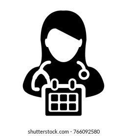 Doctor Appointment Icon Vector With Stethoscope for Medical Consultation Physician Profile Female Avatar with Calendar Symbol in Glyph Pictogram illustration