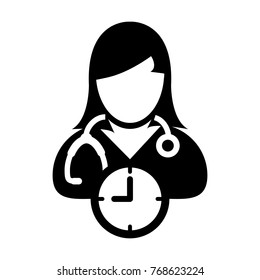 Doctor Appointment Icon Vector With Stethoscope for Medical Consultation Physician Profile Female Avatar with Clock Time Symbol in Glyph Pictogram illustration
