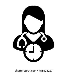 Doctor Appointment Icon Vector With Stethoscope for Medical Consultation Physician Profile Female Avatar with Clock Time Symbol in Glyph Pictogram illustration
