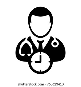 Doctor Appointment Icon Vector With Stethoscope for Medical Consultation Physician Profile Male Avatar with Clock Time Symbol in Glyph Pictogram illustration