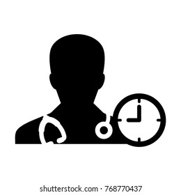 Doctor Appointment Icon Vector With Stethoscope for Medical Consultation Physician Profile Male Avatar with Clock Time Symbol in Glyph Pictogram illustration