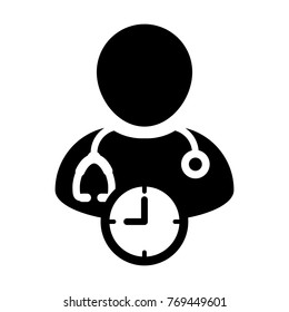 Doctor Appointment Icon Vector With Stethoscope for Medical Consultation Physician Profile Male Avatar with Clock Time Symbol in Glyph Pictogram illustration