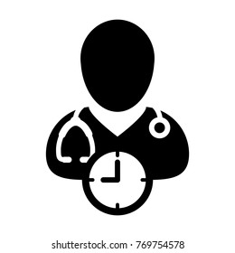 Doctor Appointment Icon Vector With Stethoscope for Medical Consultation Physician Profile Male Avatar with Clock Time Symbol in Glyph Pictogram illustration