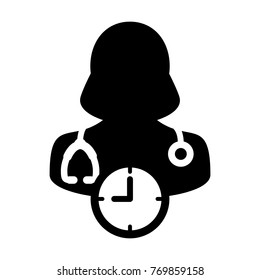 Doctor Appointment Icon Vector With Stethoscope for Medical Consultation Physician Profile Female Avatar with Clock Time Symbol in Glyph Pictogram illustration
