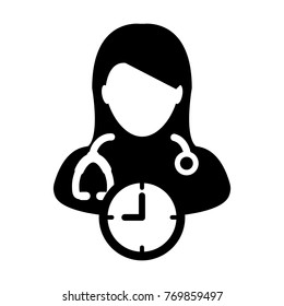 Doctor Appointment Icon Vector With Stethoscope for Medical Consultation Physician Profile Female Avatar with Clock Time Symbol in Glyph Pictogram illustration
