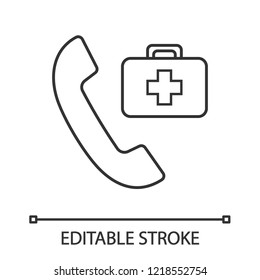 Doctor appointment linear icon. Call ambulance. Thin line illustration. Emergency call. Handset with first aid kit. Contour symbol. Vector isolated outline drawing. Editable stroke