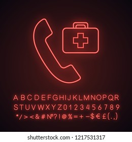 Doctor appointment neon light icon. Call ambulance. Emergency call. Handset with first aid kit. Glowing sign with alphabet, numbers and symbols. Vector isolated illustration