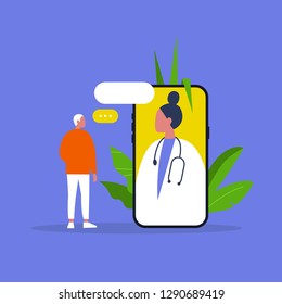 Doctor appointment. Online consultation. Modern healthcare technologies. Hospital. Millennial male patient. Flat editable vector illustration, clip art