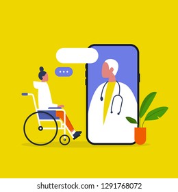 Doctor Appointment. Online Consultation. Modern Healthcare Technologies. Hospital. Young Disabled Female Character Sitting In A Wheelchair. Disability. Daily Life.