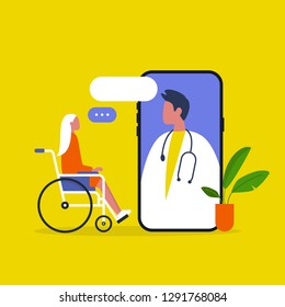 Doctor Appointment. Online Consultation. Modern Healthcare Technologies. Hospital. Young Disabled Female Character Sitting In A Wheelchair. Disability. Daily Life.