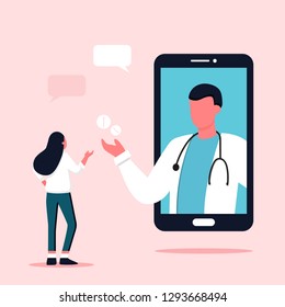 Doctor appointment. Online consultation. Modern healthcare technologies. Hospital. Young female character talking with doctor on smartphone screen. Telemedicine, consultation, therapy, pharmacy. 