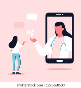 Doctor appointment. Online consultation. Modern healthcare technologies. Hospital. Young female character talking with female doctor or gynecologist on smartphone screen. Antenatal clinic