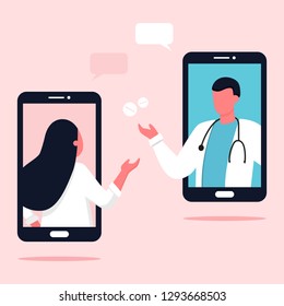 Doctor appointment. Online consultation. Modern healthcare technologies. Hospital. Young female character talking with doctor. Telemedicine, consultation, therapy, pharmacy. App, messenger.