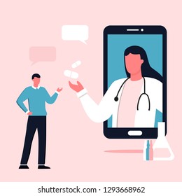 Doctor appointment. Online consultation. Modern healthcare technologies. Hospital. Young man character talking with female doctor on smartphone screen. Telemedicine, consultation, therapy, pharmacy. 